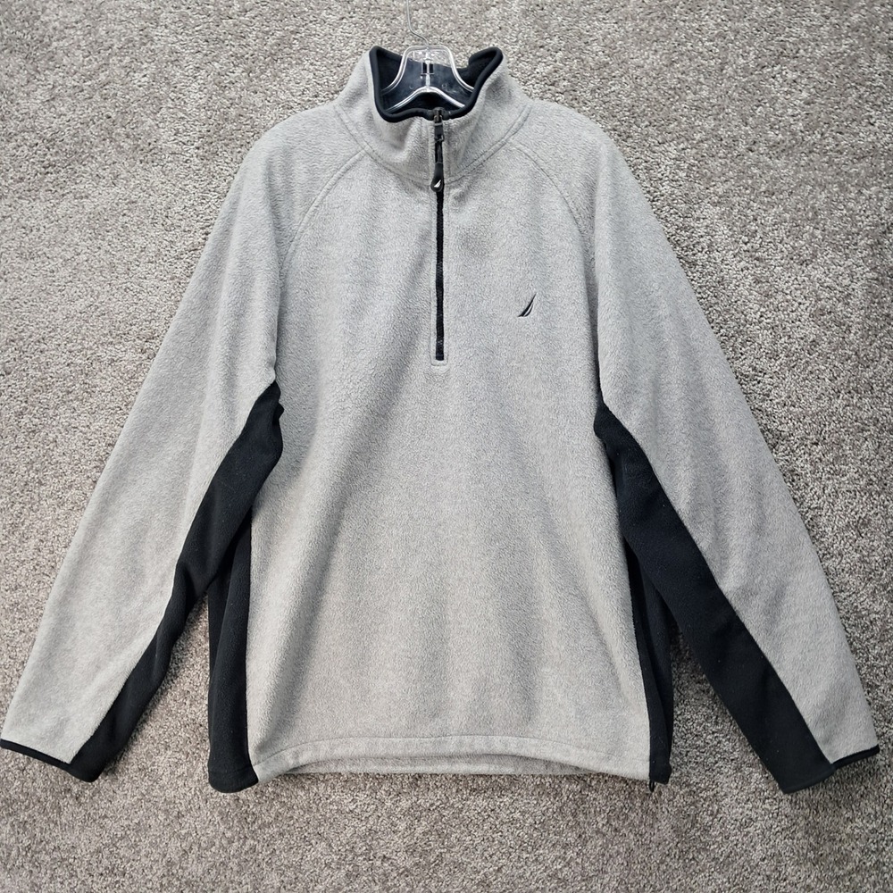 Nautica Mens Quarter Zip Fleece Pullover Grey Black Colorblock XL Logo